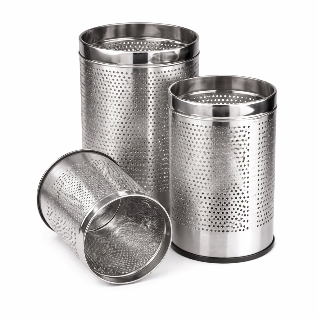 Stainless steel wastebaskets on white background